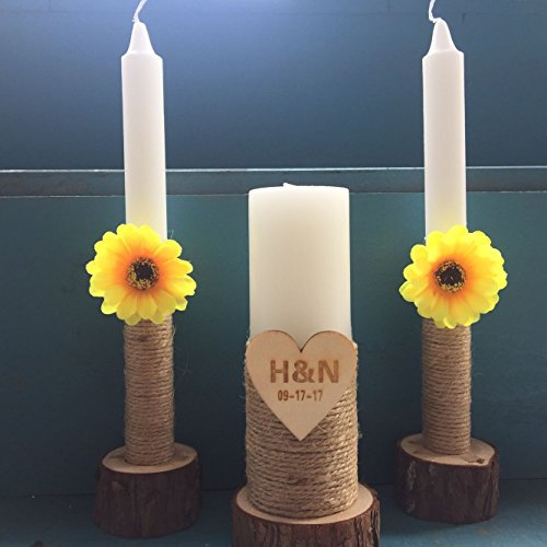 Hochzeitskerzen, rustikale Kerzen, 3er-Set, Hochzeits-Unity-Kerzen, rustikale schicke Zeremonie-Kerzen, Unity-Kerzen mit Sonnenblumen