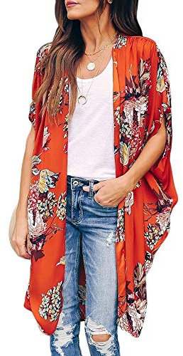 Ivay Womens Floral Kimono Duster Cardigans Short Sleeve Draped Oversized Beach Cover Up Cape, Tangerine, Large