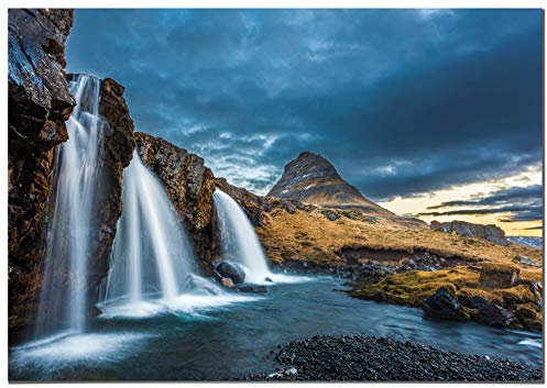 Panorama Leinwandbild Island Wasserfälle 100x70cm - Gedruckt auf Leinwand - Wandbild Wohnzimmer - Dekoration Schlafzimmer