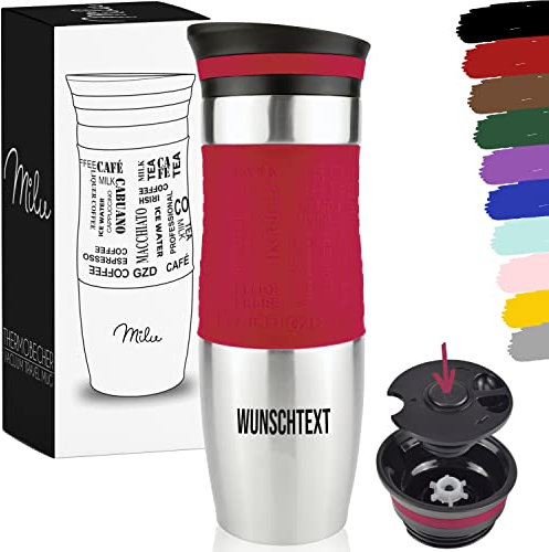 Milu Thermobecher 450ml mit Gravur - als Geschenk-Idee Ostern, Vatertag, Muttertag, Weihnachten, Einschulung, Liebesgeschenk, Geburtstag, Frauen und Männer Mama Papa Kinder (Rot + Gravur)