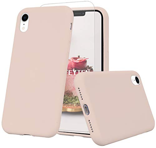 Feyten Funda Compatible con iPhone XR [Cristal Vidrio Templado], [Actualizado] Slim Líquido de Silicona Gel Carcasa Anti-Rasguño Protectora Caso para iPhone XR 6,1 Pulgadas (Rosado)