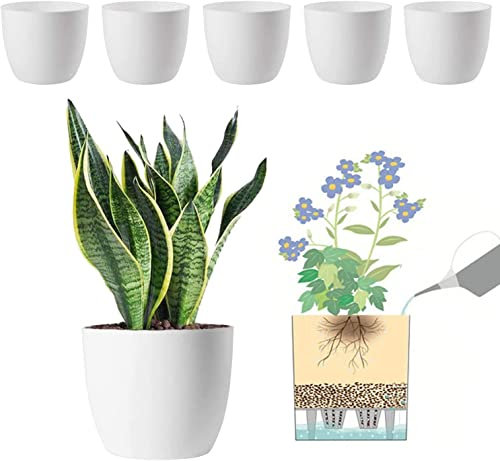 MOHENA 18CM Self Watering Planters Plastic Plant Pot, Modern Decorative Flower Pot/Window Box for All House Plants, Flowers, Herbs, African Violets, Succulents - White, Set of 6