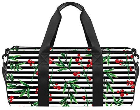 LAZEN Schulter Handy Sports Gym Taschen Travel Duffle Totes Tasche für Männer Frauen Weihnachten Rot Holly Dekor Schwarz Weiß Gestreift