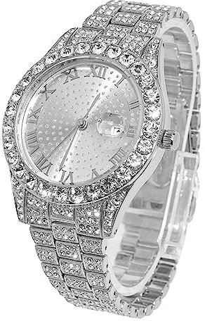 Halukakah Rundes Zifferblatt Diamant Golduhr Iced Out, Männer Platin Weißgold Plattiert Quarz Armband 24cm, mit Geschenkbox