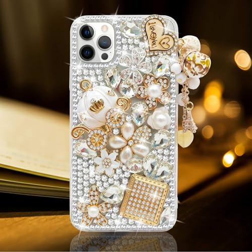 Guppy Compatible with iPhone 13 Pro Max Case for Women Girls Luxury 3D Bling Shiny Rhinestone Diamond Crystal Pearl Handmade Pendant Iron Tower Pumpkin Car Flowers Soft Protective Case 6.7 inch