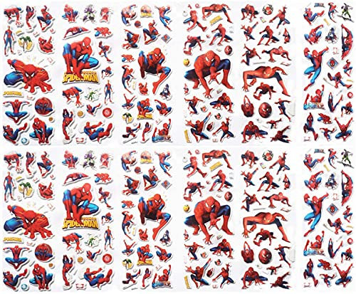 CHUANGOU 12 Bögen Aufkleber Set, Spiderman Schwammaufkleber, 3D Schaumstoff Stickers,Superhelden-Charakter-Cartoon-Aufkleber.