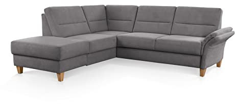 CAVADORE Eckcouch Wyk mit Federkern / Ecksofa im Landhaus-Stil mit Ottomane und Holzfüßen / 238 x 90 x 213 / Jacquard, Grau