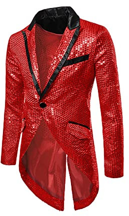 Lars Amadeus Herren Pailletten Frack Smoking Blazer Party Hochzeit Show Sparkle Anzugjacke, rot, M