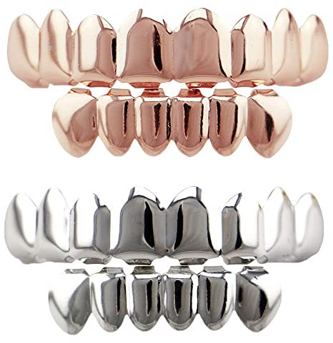 yufana 2 Pcs Hip Hop Zähne Set,Goldene Zähne Hip Hop Teeth Grills Gold überzogene Zähne Hip Hop Rapper Glossy Teeth Grills Oben Unten,für die Halloween-Dekoration Verwendet