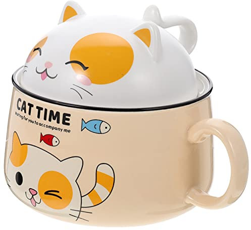 UPKOCH Tableware Ramen Spoon Ceramic Noodle Bowl with Handle and Lid Cat Mug Porcelain Food Storage Containers Porcelain Prep Bowls for Kitchen Yellow 1020ml Microwave Pasta Ramen Bowl Ramen Bowl