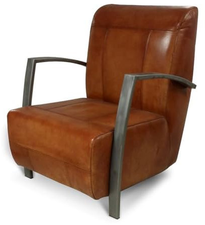 Casa Padrino Vintage Industrial Echtleder Lounge Sessel Luxus Wohnzimmer Sessel Industrie Design Möbel Büffelleder, Lederfarbe:Vintage Cognac