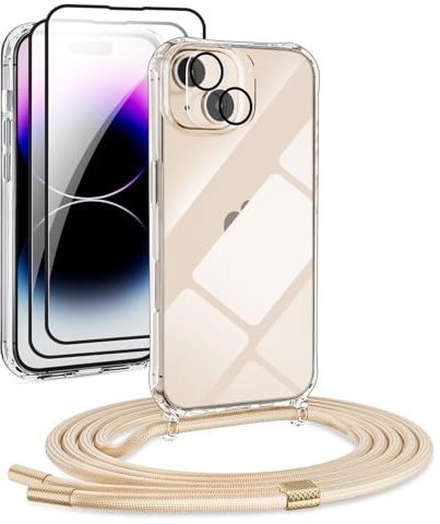 DiDaDi [5 in 1 1*Handykette Set für iPhone 14 Hülle mit Band + 1*Transparent Schutzhülle+2*Schutzfolie+1*kameraschutz Glas, Abnehmbar Necklace Stylische Handyhülle zum Umhängen Kordel Case (Gold)