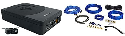 Rockville SS10P 10 800w Slim Under-Seat Active Powered Car/Truck Subwoofer Sub Bundle RWK81 8 Gauge Complete Amp Installation Wire Kit