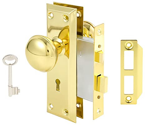 ToPToToo Mortise Lock Set for Interior Door, Vintage Antique Gold Door Knobs with Lock and Skeleton Key, Old Door Knob Replacement Fits 1-3/8 in 1-3/4 in, Polished Brass Finish