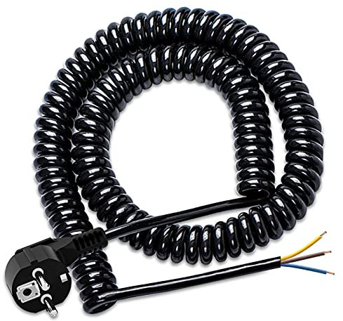 Rallonge spirale contact de protection 250V / 16A, câble spiralé KEAGAR 3 conducteurs, extensible de 0,75 m à 2 m, rallonge avec fiche spiralée contact de protection, IP20 utilisation intérieure, noir