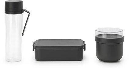 Brabantia - Make & Take Set Frühstück & Mittag - 3er-Set: Trinkflasche 0.5L, Frühstücksschüssel 0.5L & Brotdose Medium - Platz für Sandwiches - Auslaufsicher - Spülmaschinenfest - Dark Grey