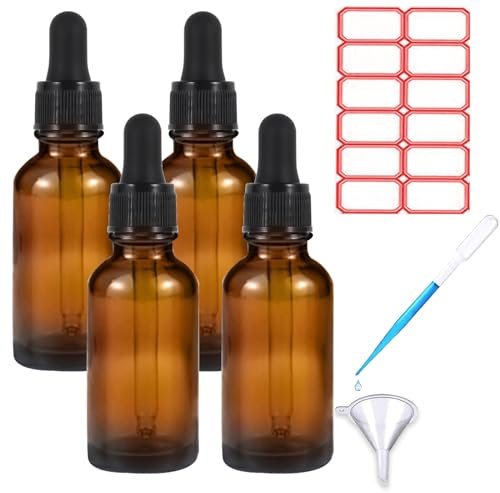 TUAKIMCE 4 x 30ml Amber Glass Dropper Bottles, Amber Brown Glass Dropper Bottles with Dropper Pipettes, Small Sample Glass Bottles Refillable