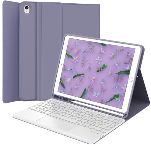 JADEMALL Etui Clavier avec Trackpad pour iPad 9eme/8eme/7eme Generation 2021/2020/2019 10.2, AZERTY Clavier avec Pavé TactileDétachable sans Fil Clavier avec Porte-Crayon, Violet