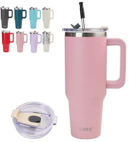 SUNTQ 1180ml/40oz Tumbler mit Griff, Doppelwandige Vakuum Isolierte Wasserflasche mit Stroh und Deckel, Edelstahl Reise Kaffeebecher, Thermische Tasse für Getränke, Fit in Becherhalter(Rosa)