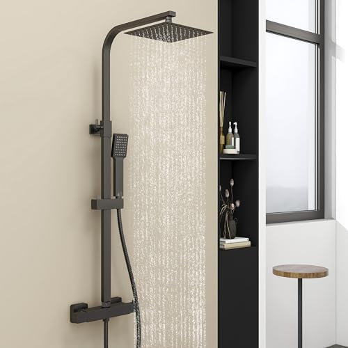 Aica Sanitarios Columna de Ducha Termostática Negro Mate Cuadrada con Barra Ajustable 800-1200mm, Alcachofa de Ducha Lluvia Efecto para Baño