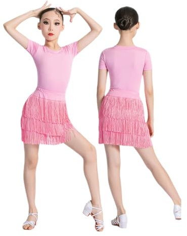 2 PZ Ragazze Frangia Gonna da Ballo con Body Bambini Abiti da Ballo Vestito per Latino Salsa Samba Rumba Tango Nappa Dancewear Competizione Prestazioni Pratica Costume 5 Colori,Rosa,140cm