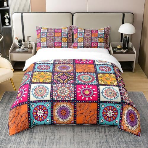 Loussiesd Frauen Boho Mandala Bettbezug einstellen Böhmischen Stil Bettwäsche einstellen Bettwäsche Set 220x240cm 100% Baumwolle für Kinder Buntes Gitter Plaid Dekor Betten einstellen Hippie Mandala