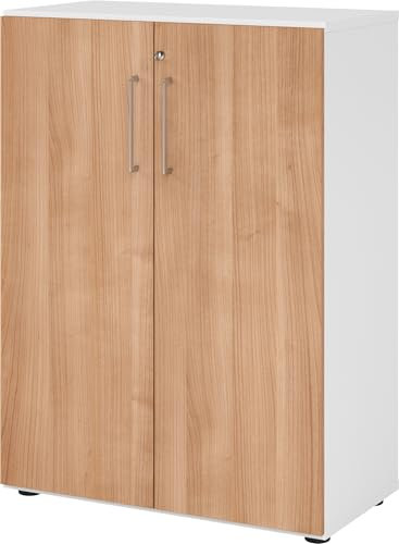 bümö Aktenschrank abschließbar, Büroschrank Holz 80cm breit in Weiß/Nussbaum - abschließbarer Schrank mit Aktenregal für's Büro & Arbeitszimmer, Büro Möbel Ordnerschrank mit Schloss