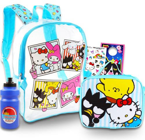 Hello Kitty and Friends Klarer Rucksack mit Brotdose - B ndel mit Hello Kitty Rucksack, Hello Kitty Lunchtasche, Wasserflasche, Aufklebern, mehr | Transparenter Hello Kitty Rucksack f r M dchen,