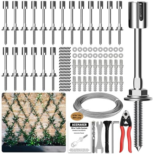 Acemaker Wire Trellis for Climbing Plants Outdoor, 20-Set Wall Wire Trellis Kit with 5/64(2mm) x 98ft Stainless Steel Cable & Cutter, T316 Espalier System for Fence and Garden DIY Projects
