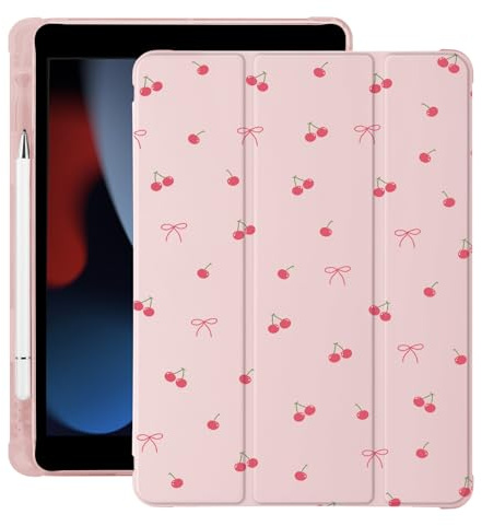 Cute Kawaii Cherry Bow for iPad Air 3 Case with Pencil Holder, Auto Sleep/Wake, Pink Leather Soft TPU Back Cover for iPad Pro 10.5 Inch 2017