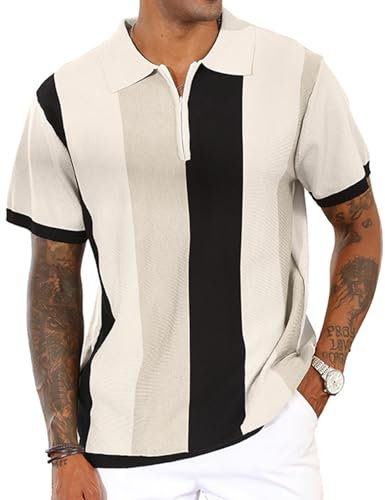 Men's Fashion Polo Shirts Vintage Striped Knitting Shirts Casual Slim Fit Golf Shirts White XXL