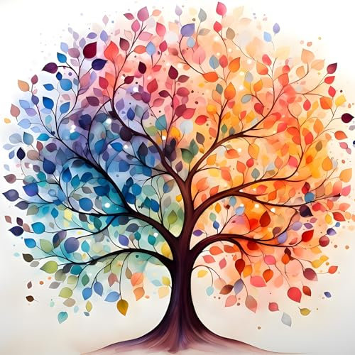 KEYIFA Malen Nach Zahlen Erwachsene, Bunter Baum des Lebens Malen Nach Zahlen Kits mit Pinseln und Acrylfarben, DIY Ölgemälde Set Malen Basteln Leinwand Bild Erwachsene, Home Deko 30x30cm