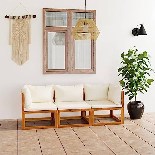 Emmtore Akazienholz Massiv Gartenmöbel mit Auflagen Sofa Lounge Garten Garnitur Sitzgruppe Gartenset Sitzgarnitur Gartensofa Tisch,Creme,2xEckteil+Mittelteil