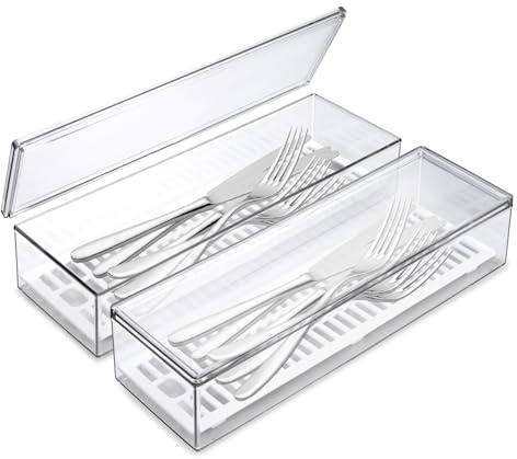 Modixun 2 Pack Silverware Organizer with Lid and Drainer - Kitchen Drawer Organizer Cutlery Tray Flatware Storage Box, Clear Tableware Utensil Holder for Spoons Forks Knives