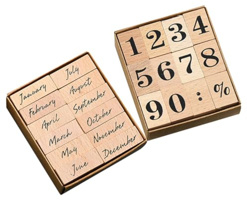24 Stück Holz Monatsstempel für Tagebuch Deko und Briefgestaltung | Elegantes Dekor, Monats und Zahlmuster, Praktisch zu Bedienen, für Journal und Post, Beige