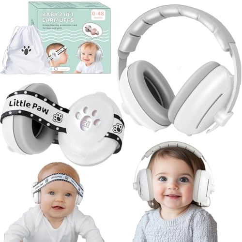 Dekukar 2-in-1 Gehörschutz Baby & Kleinkinder bis 48 Monaten - Baby Kopfhörer Lärmschutz mit Verstellbarem ANTI-SLIP Kopfband, gegen Gehörschäden & Verbessert den Schlaf Weiß