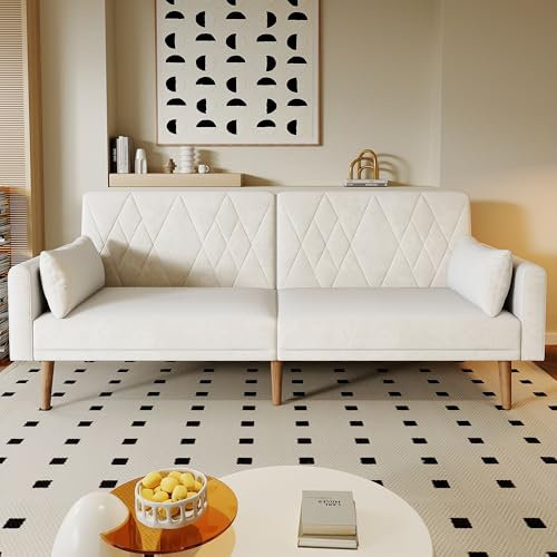 Merax Sofa mit Schlaffunktion, Klappsofa Schlafsofa Bettcouch 2 Sitzer, 3 Verstellbare Winkel, 2 Kissen, Samtstoff, für Wohnnung/Heimkino/Büro, 180 * 75 * 82cm/Beige