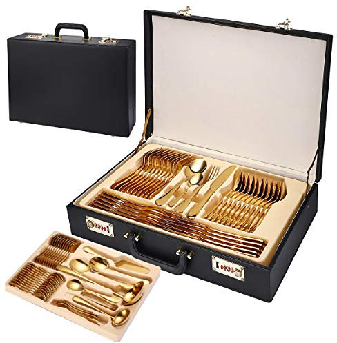 CVNIMV Service de Table 72 pièces en Acier Inoxydable 410 de qualité Alimentaire, Coffret Cadeau, Couleur dorée, Service de Table de qualité supérieure.