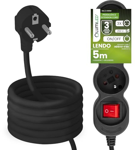 LUMILED Steckdosenleiste 3-Fach mit Schalter Schwarz 5m Kabel Typ E/F 2300W 10A IP20 Innenbereich Haushalt Büro Mehrfachsteckdose Wandmontage