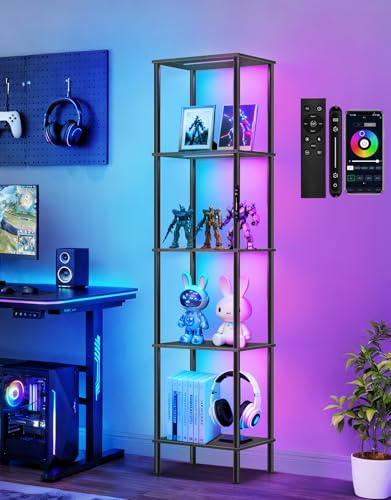 OUTONLIFE RGB Stehlampe mit Regal, Dimmbar, Touch & APP & Fernbedienung, Musik-Sync, 16 Mio. Farben, Einstellbare Beleuchtung, Bücherregal mit Licht für Wohnzimmer Schlafzimmer Büro
