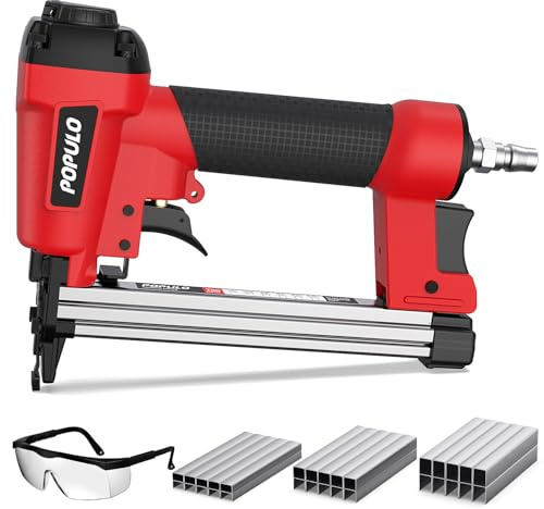 POPULO Pneumatic Staple Gun, Air Staple Gun with 3000 Staples and Safety Glasses, T50 Stapler for Upholstery, Woodworking, DIY, or Material Repair (Air Compressor Not Included)