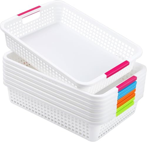 Kinmsito 8 Aufbewahrungskörbe Klassenzimmer, Kunststoff Körbe, 37.5x26x8 cm | Mit Bunten Griffen, Stapelbar, Wiederverwendbar for Büro, Zuhause, Schule and Organisation