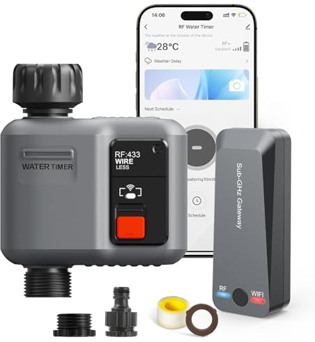 johgee Smart WiFi Water Timer for Irrigation with 300M RF Gateway | Strong Wall Penetration, Remote Control for Garden Hose, Rain Delay, WiFi Irrigation Sprinkler Controller for Garden