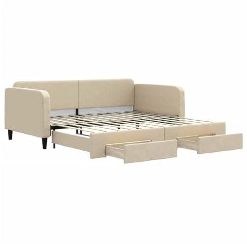 mtlskopl Ausziehbares Tagesbett in Creme 100x200 cm mit 2 Schubladen Schlafsofa Sofabett Holz Metall Rahmen Stauraumbett für Gäste Wohn Schlafzimmer