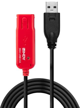 LINDY 30m USB 2.0 Active Extension Cable Pro, Long Distance Repeater, Extends USB devices, PCs, Laptops, Xbox, PS4, PS5, VR Headset, Printer, Scanner, Webcam, Interactive Whiteboards
