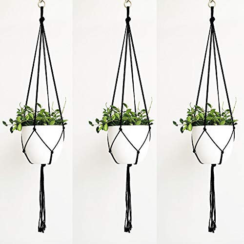 Colgadores de macramé para plantas macetero colgante para interiores y exteriores cesta para macetas soporte para macetas cuerda de algodón colgadores para plantas decoración del hogar (3 PCS negro)