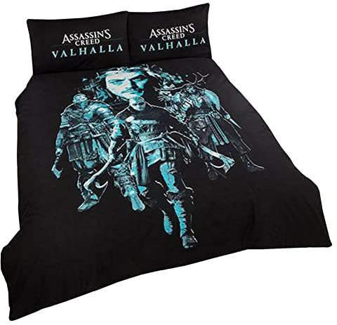 Assassin's Creed Valhalla Wende-Bettwäsche-Set für Doppelbett, Schwarz/Blau