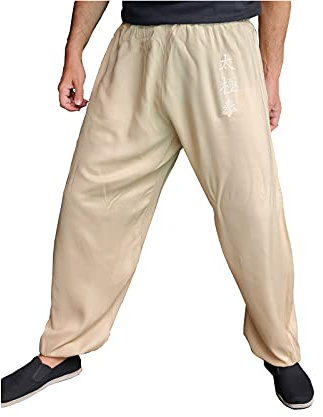 Kung Fu Pants Tai Chi and Wing Chun Bottoms Style for Women and Men Sport Trousers Light and Smooth (Beige TJ, Size L)
