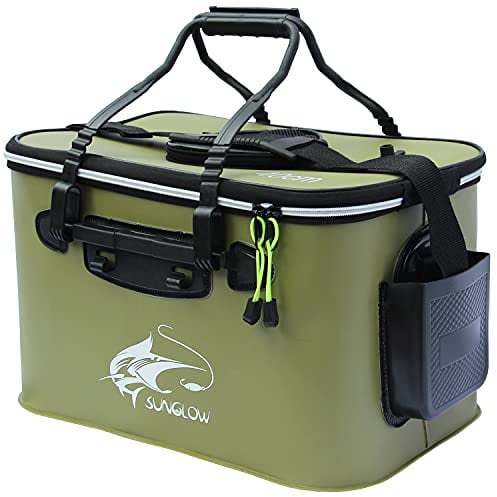 MMSGA Angeleimer, tragbarer Faltbarer Angelköder-Eimer,Multifunktionaler Behälter für lebende Angelköder, Outdoor-Camping-Eva-Angeltasche und Fischschutzeimer(Armeegrün, 38L)