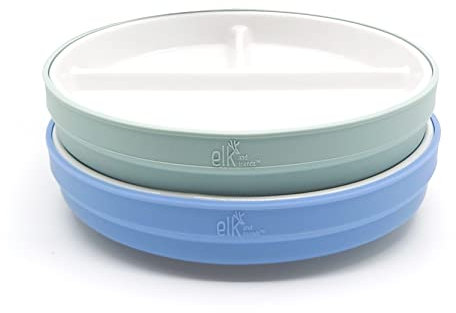 Elk and Friends Kids 6.7” Porcelain White Divided Plates with Silicone Sleeves | Suitable for Babies/Toddlers | Microwave & Dishwasher Safe | Non Slip Dinnerware | Snack Dishes | 2 Pack